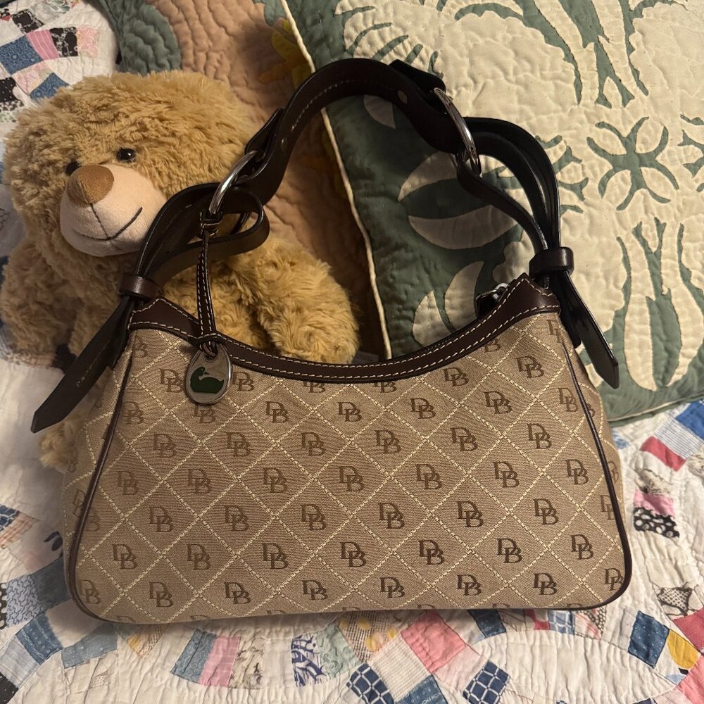 Dooney and Bourke Brown and Tan Elbow Bag with dark brown Fancy Leather Handle - Picture 2 of 7
